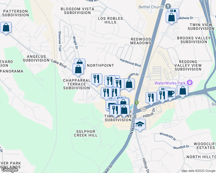 map of restaurants, bars, coffee shops, grocery stores, and more near 4201 Baywood Drive in Redding