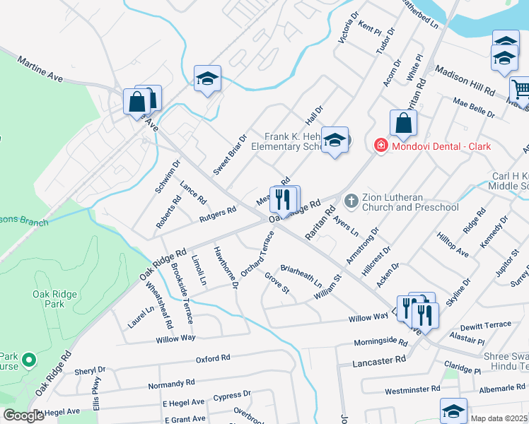 map of restaurants, bars, coffee shops, grocery stores, and more near 17 Meadow Road in Clark