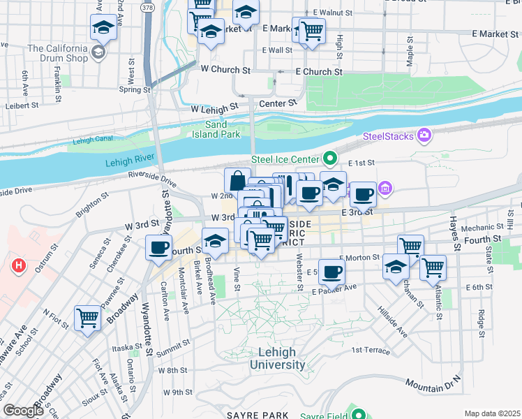 map of restaurants, bars, coffee shops, grocery stores, and more near 14 Columbia Street in Bethlehem
