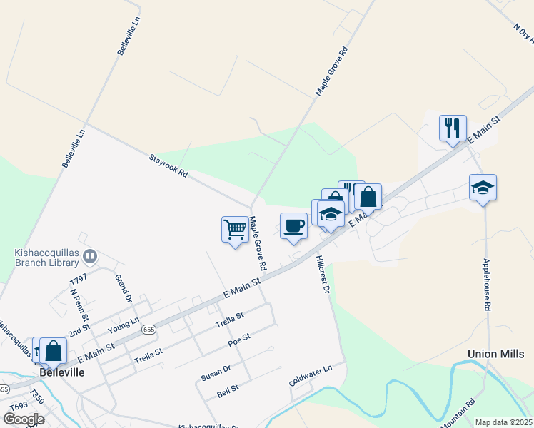 map of restaurants, bars, coffee shops, grocery stores, and more near 108 Maple Grove Road in Belleville