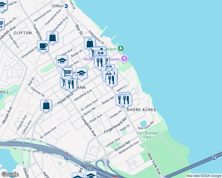 map of restaurants, bars, coffee shops, grocery stores, and more near 1256 Bay Street in Staten Island