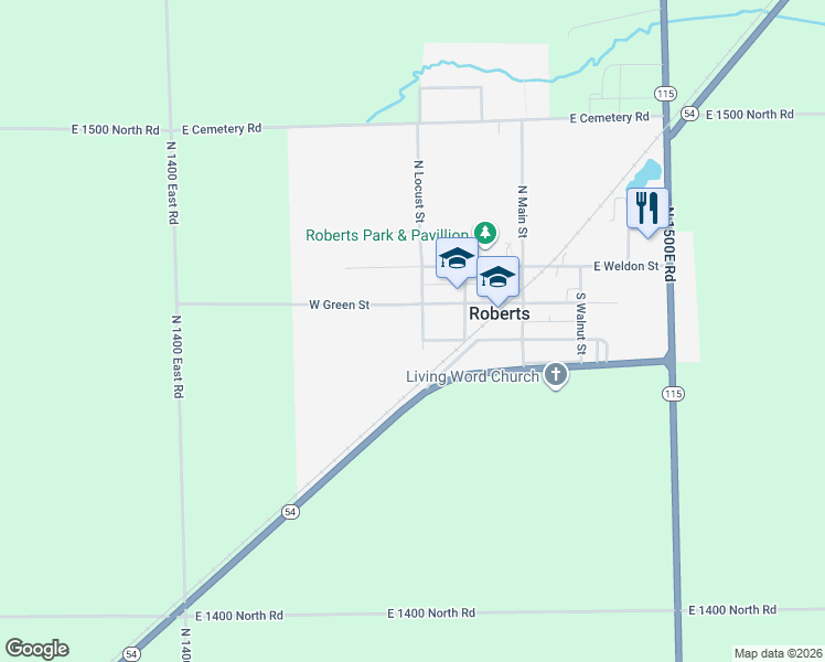 map of restaurants, bars, coffee shops, grocery stores, and more near 105 South Locust Street in Roberts