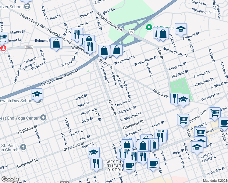 map of restaurants, bars, coffee shops, grocery stores, and more near 1131 North 19th Street in Allentown