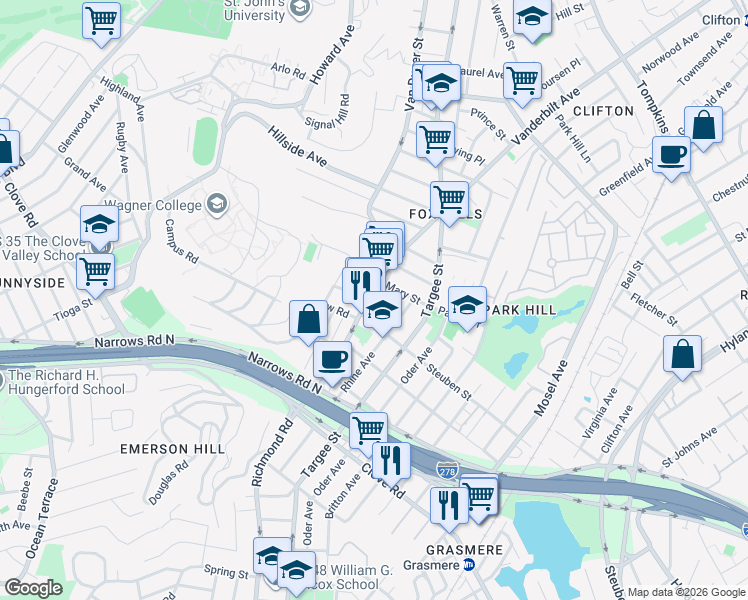 map of restaurants, bars, coffee shops, grocery stores, and more near 5 Cunard Place in Staten Island
