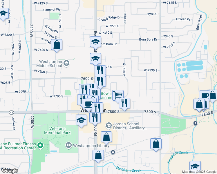 map of restaurants, bars, coffee shops, grocery stores, and more near 7648 Sunrise Place West in West Jordan