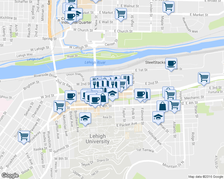 map of restaurants, bars, coffee shops, grocery stores, and more near 129 East 3rd Street in Bethlehem