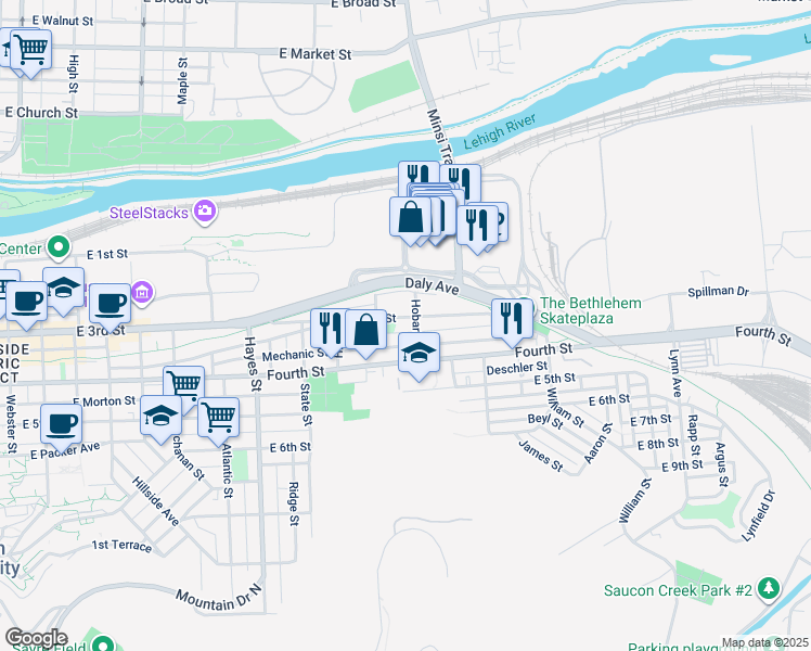 map of restaurants, bars, coffee shops, grocery stores, and more near 1174 East 3rd Street in Bethlehem