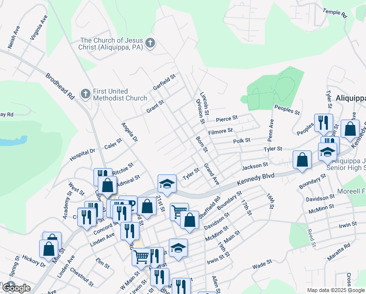 map of restaurants, bars, coffee shops, grocery stores, and more near 1809 Filmore Street in Aliquippa