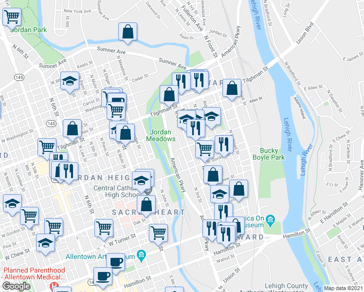 map of restaurants, bars, coffee shops, grocery stores, and more near 231 Liberty Street in Allentown
