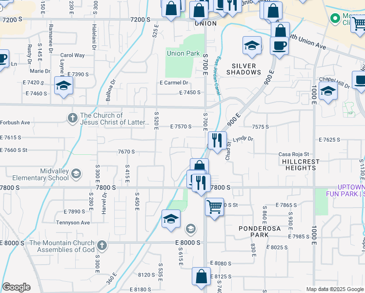 map of restaurants, bars, coffee shops, grocery stores, and more near 591 Skylark Lane in Midvale