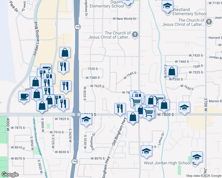 map of restaurants, bars, coffee shops, grocery stores, and more near 7602 South Marylebone Road in West Jordan