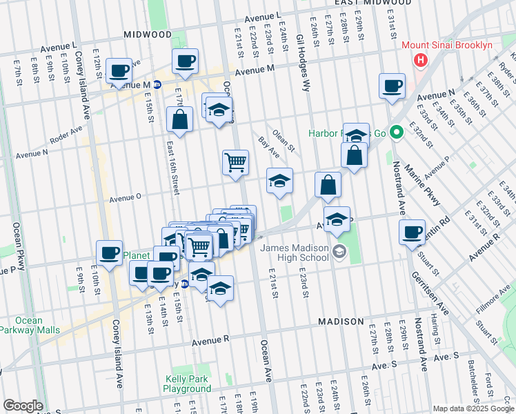 map of restaurants, bars, coffee shops, grocery stores, and more near 1656 East 21st Street in Brooklyn