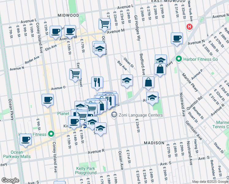 map of restaurants, bars, coffee shops, grocery stores, and more near 1656 East 21st Street in Brooklyn