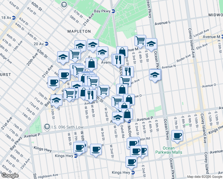 map of restaurants, bars, coffee shops, grocery stores, and more near 6217 24th Avenue in Brooklyn