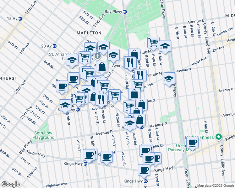 map of restaurants, bars, coffee shops, grocery stores, and more near 6217 24th Avenue in Brooklyn