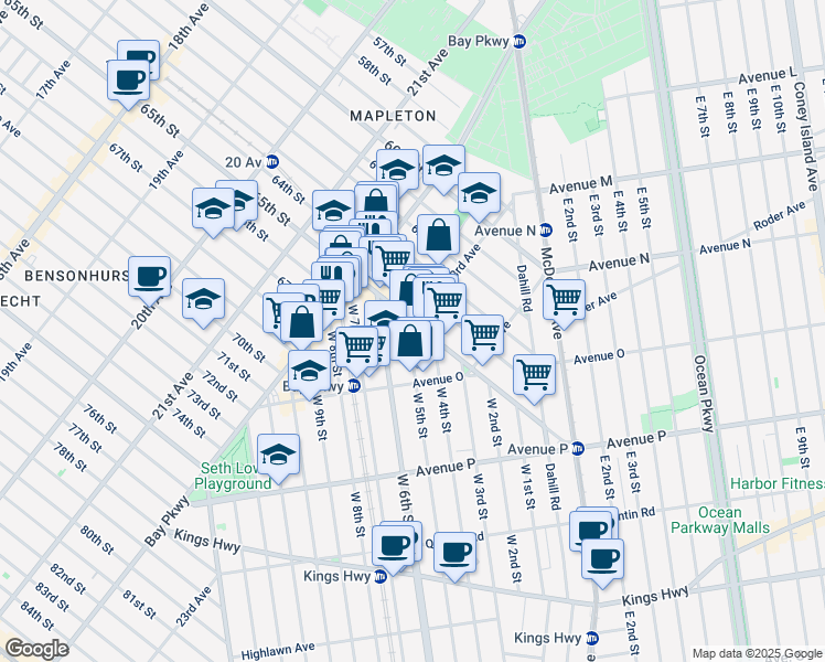 map of restaurants, bars, coffee shops, grocery stores, and more near 2268 65th Street in Brooklyn