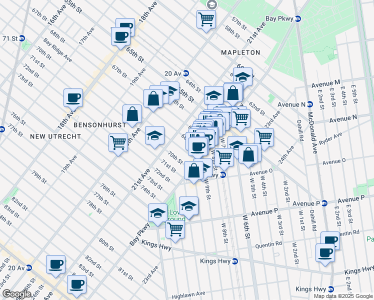 map of restaurants, bars, coffee shops, grocery stores, and more near 2146 68th Street in Brooklyn