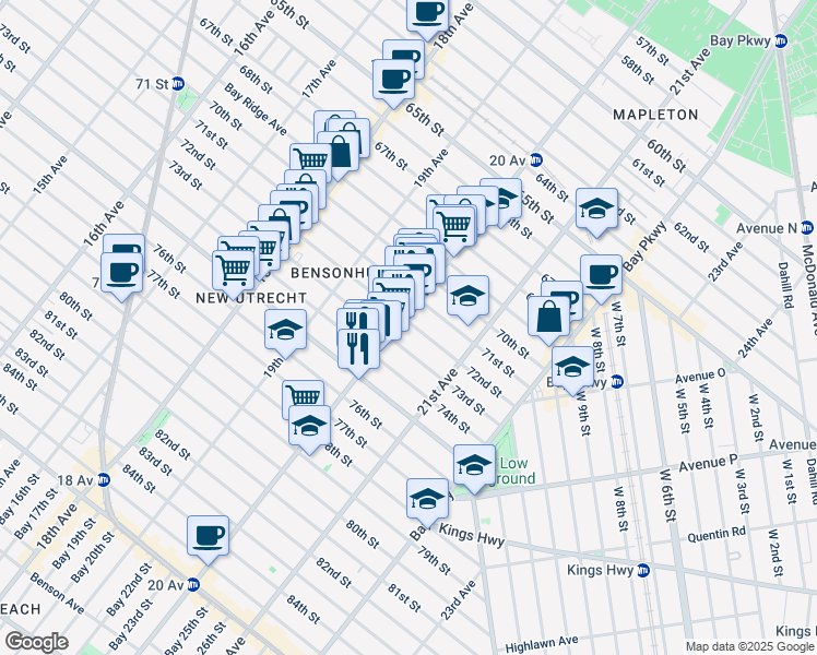 map of restaurants, bars, coffee shops, grocery stores, and more near 7210 20th Avenue in Brooklyn