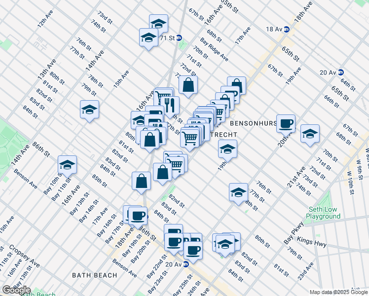 map of restaurants, bars, coffee shops, grocery stores, and more near 1770 77th Street in Brooklyn