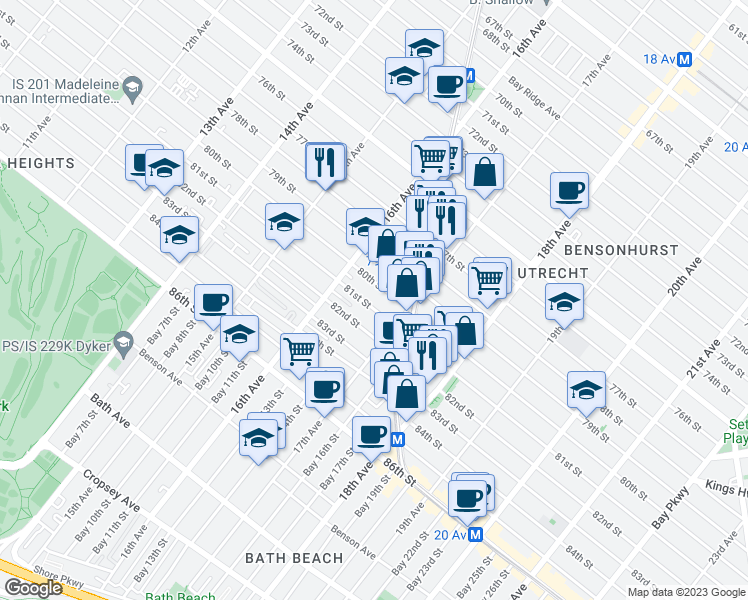 map of restaurants, bars, coffee shops, grocery stores, and more near 1658 80th Street in Brooklyn