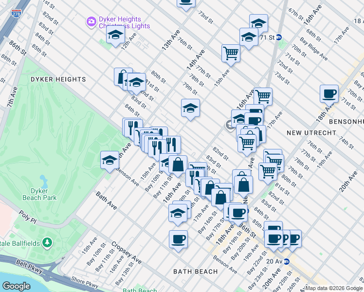 map of restaurants, bars, coffee shops, grocery stores, and more near 1536 83rd Street in Brooklyn