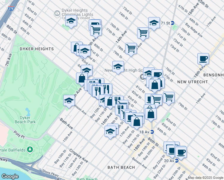 map of restaurants, bars, coffee shops, grocery stores, and more near 1536 83rd Street in Brooklyn