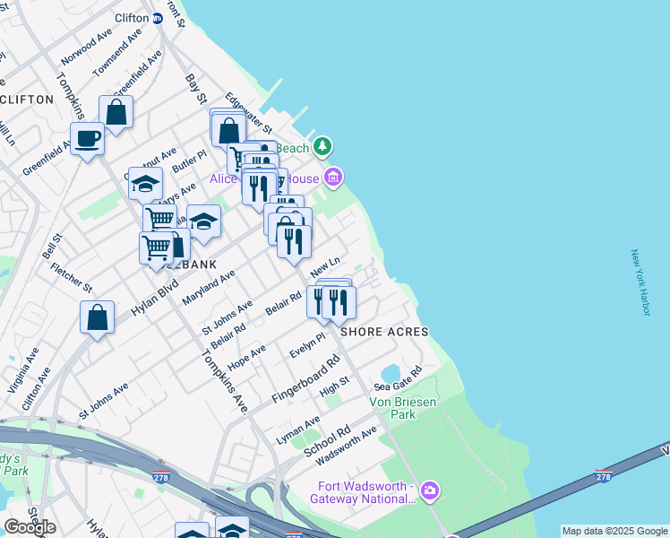 map of restaurants, bars, coffee shops, grocery stores, and more near 54A Courtney Loop in Staten Island