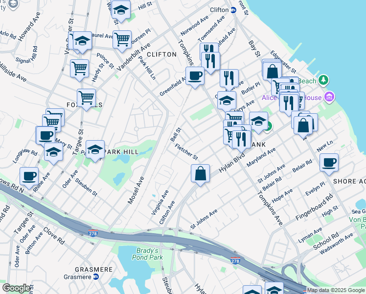 map of restaurants, bars, coffee shops, grocery stores, and more near 263 Saint Marys Avenue in Staten Island