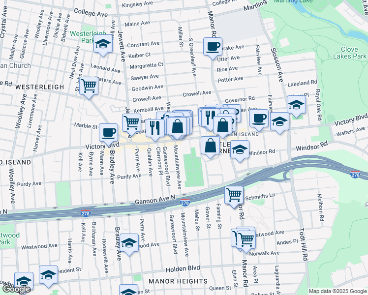 map of restaurants, bars, coffee shops, grocery stores, and more near 1862 Victory Boulevard in Staten Island