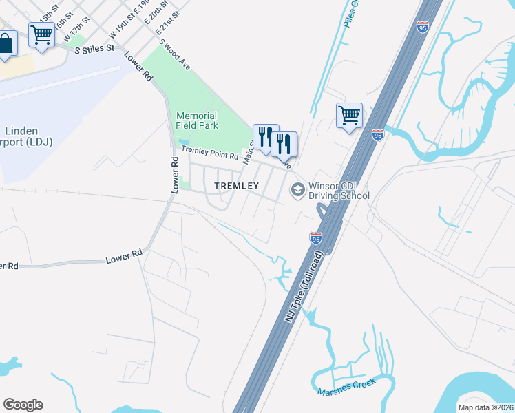 map of restaurants, bars, coffee shops, grocery stores, and more near 209 Arthur Street in Linden