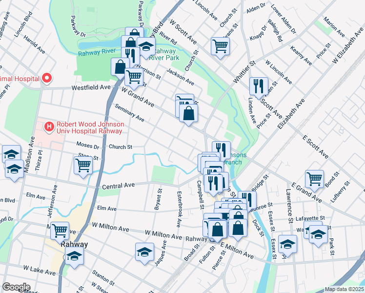 map of restaurants, bars, coffee shops, grocery stores, and more near 363 Seminary Avenue in Rahway