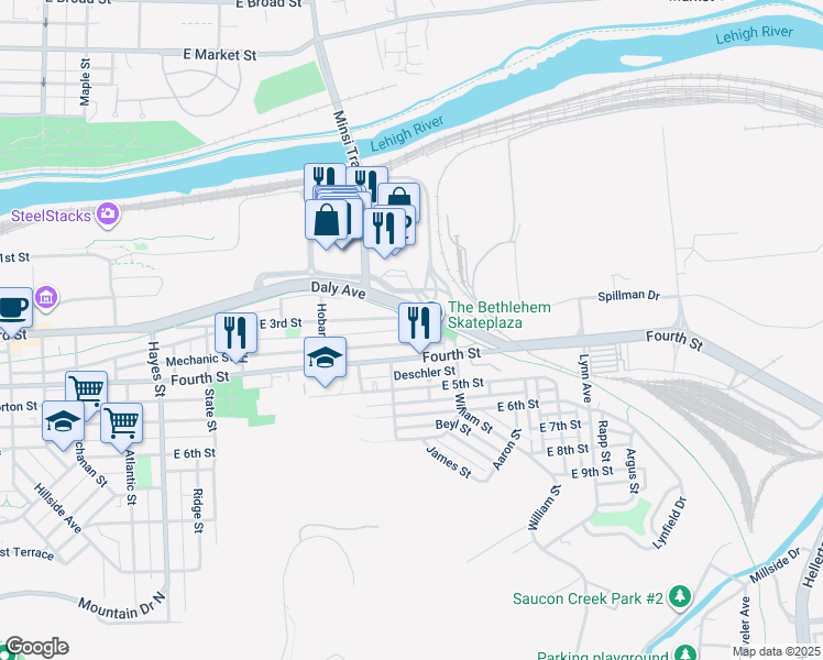 map of restaurants, bars, coffee shops, grocery stores, and more near 1264 Steel Avenue in Bethlehem