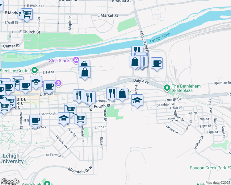 map of restaurants, bars, coffee shops, grocery stores, and more near 1047 East 3rd Street in Bethlehem