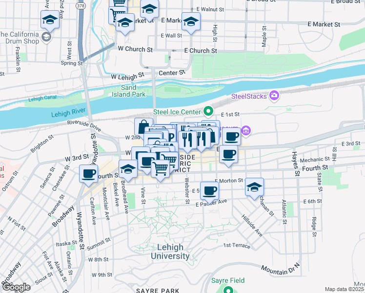 map of restaurants, bars, coffee shops, grocery stores, and more near 126 Columbia Street in Bethlehem