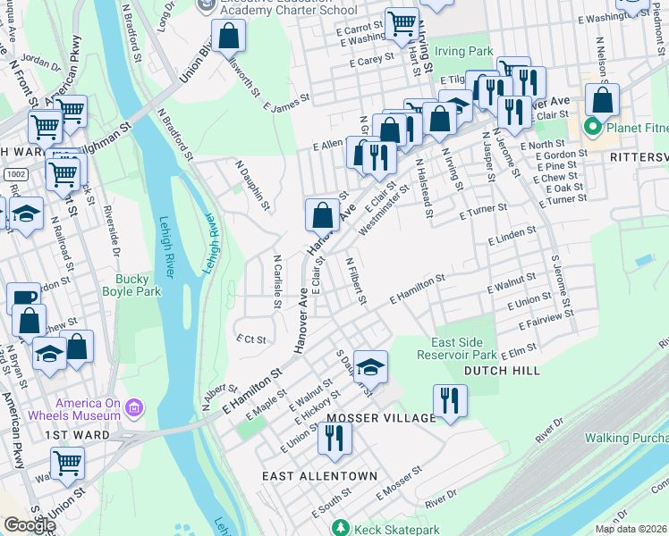 map of restaurants, bars, coffee shops, grocery stores, and more near 137 North Ellsworth Street in Allentown