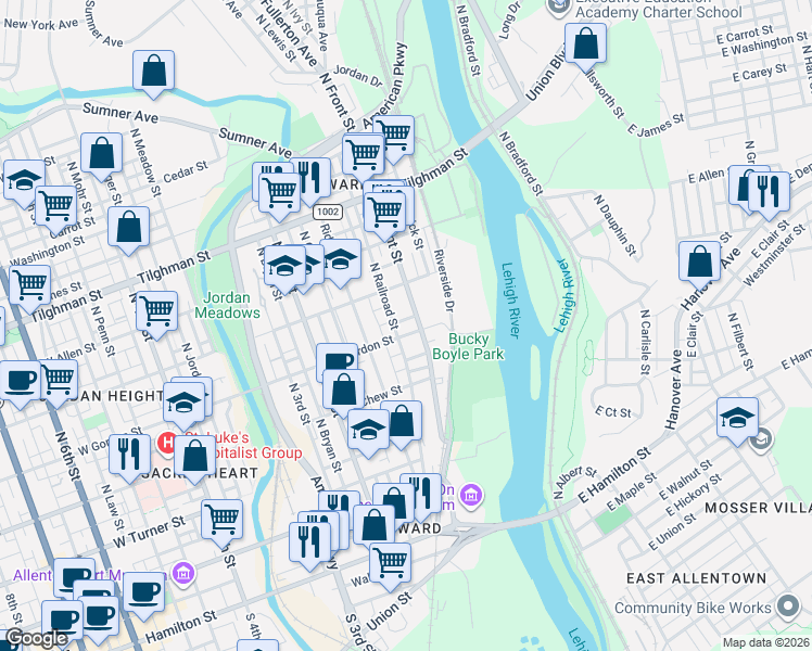 map of restaurants, bars, coffee shops, grocery stores, and more near 414 North Front Street in Allentown