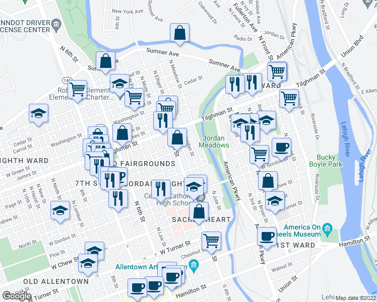 map of restaurants, bars, coffee shops, grocery stores, and more near 551 North Jordan Street in Allentown
