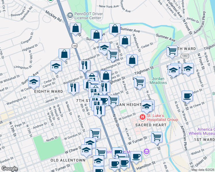 map of restaurants, bars, coffee shops, grocery stores, and more near 538 Tilghman Street in Allentown