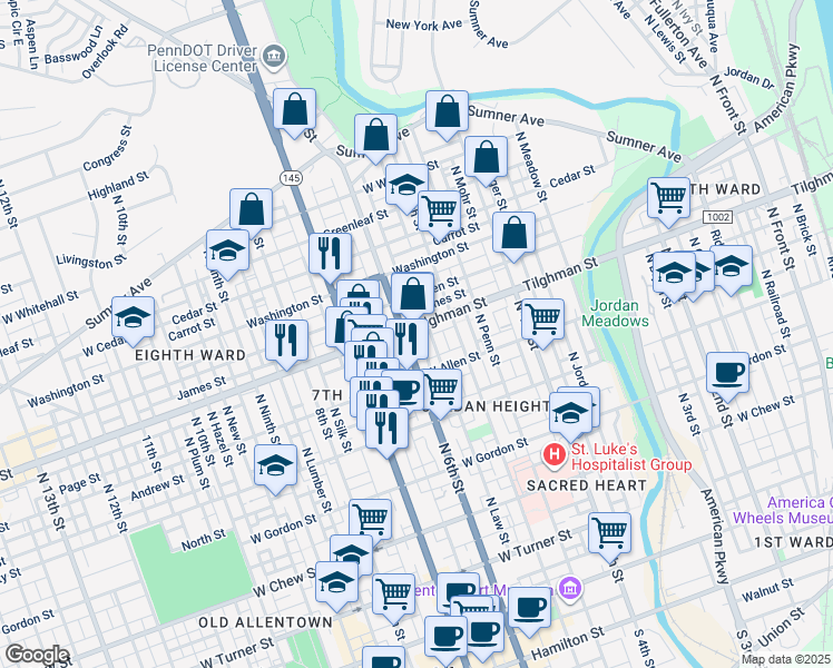 map of restaurants, bars, coffee shops, grocery stores, and more near 538 Tilghman Street in Allentown
