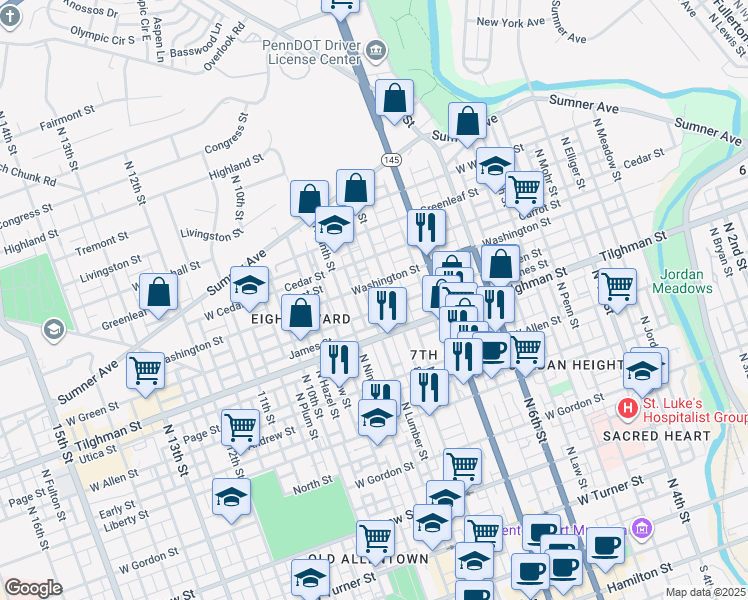 map of restaurants, bars, coffee shops, grocery stores, and more near 756 North Lumber Street in Allentown