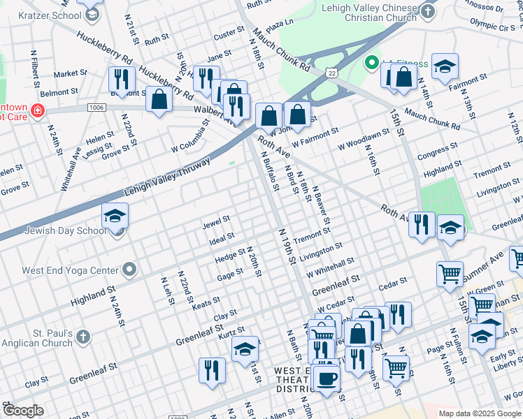 map of restaurants, bars, coffee shops, grocery stores, and more near 1922 Pennsylvania Street in Allentown