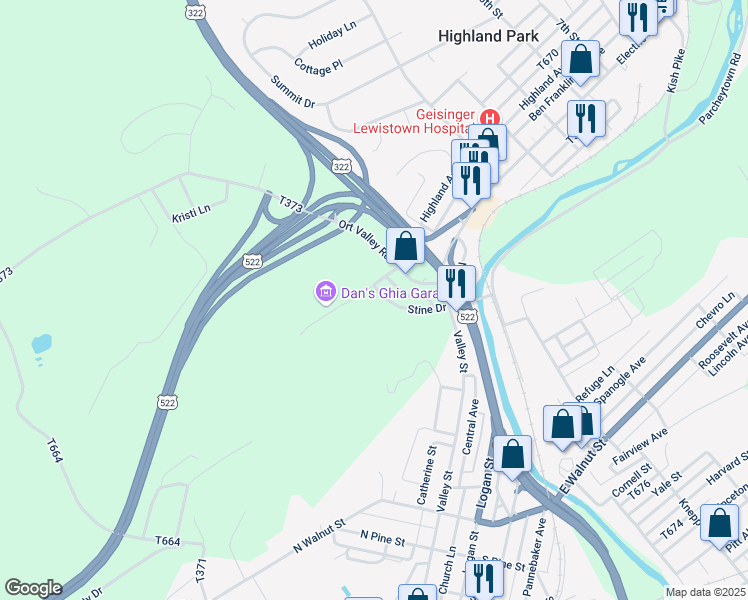 map of restaurants, bars, coffee shops, grocery stores, and more near 143 Stine Drive in Lewistown