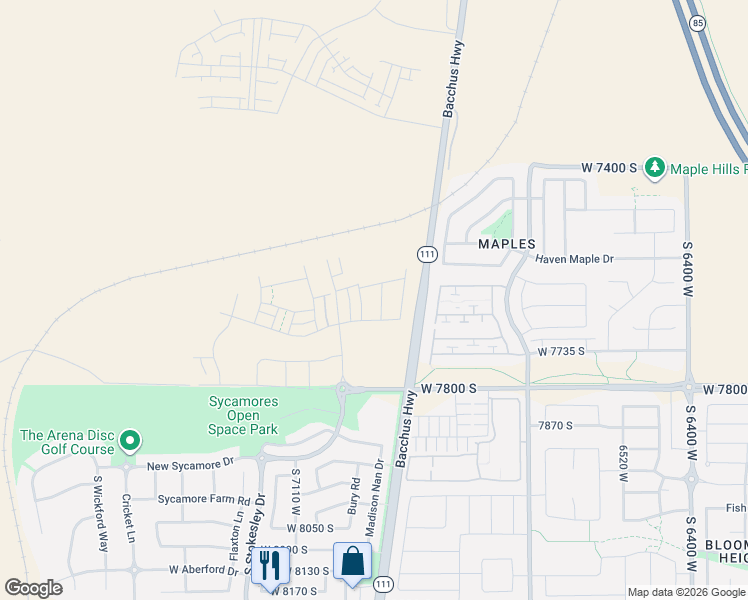 map of restaurants, bars, coffee shops, grocery stores, and more near 7648 Iron Canyon Lane in West Jordan