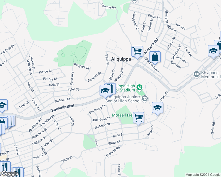 map of restaurants, bars, coffee shops, grocery stores, and more near 115 Derby Way in Aliquippa