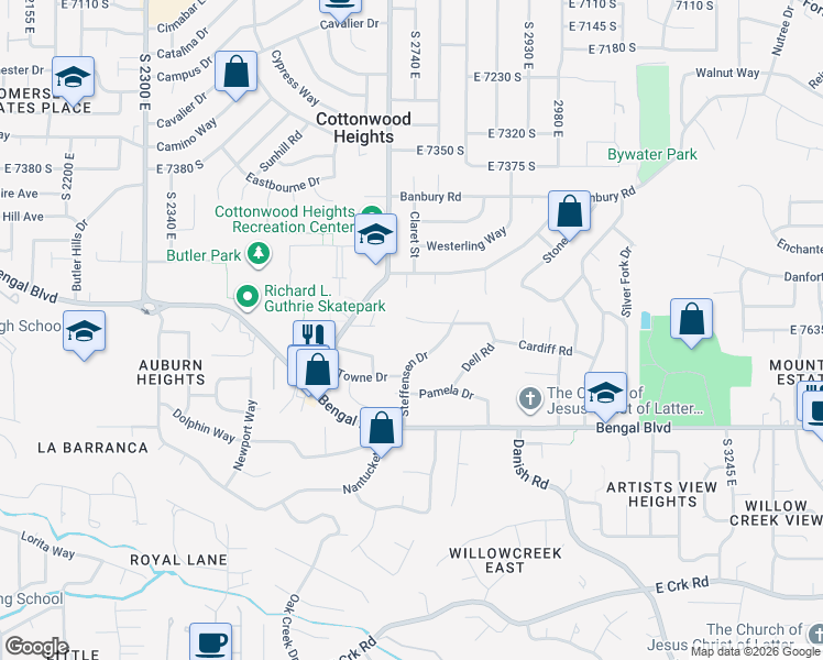 map of restaurants, bars, coffee shops, grocery stores, and more near 2730 Carole Drive in Cottonwood Heights