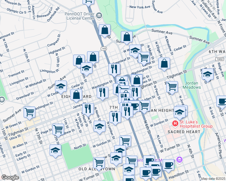 map of restaurants, bars, coffee shops, grocery stores, and more near 720 West Green Street in Allentown