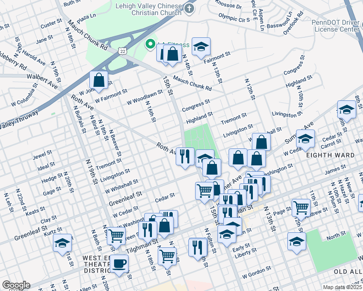 map of restaurants, bars, coffee shops, grocery stores, and more near 1018 North 15th Street in Allentown