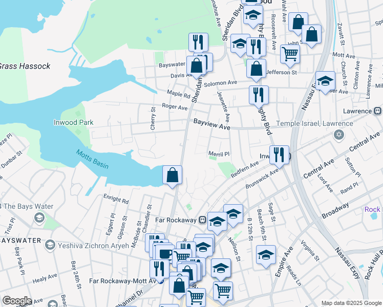 map of restaurants, bars, coffee shops, grocery stores, and more near 385 Bayview Avenue in Inwood