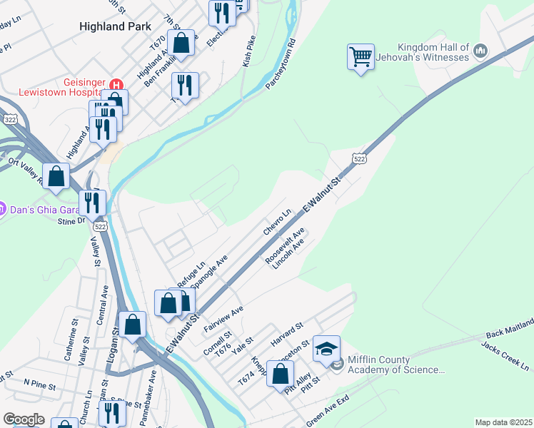 map of restaurants, bars, coffee shops, grocery stores, and more near 15 Hummingbird Lane in Lewistown