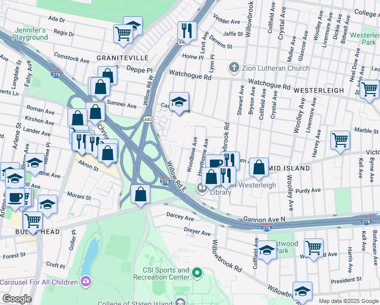 map of restaurants, bars, coffee shops, grocery stores, and more near 230 Auburn Avenue in Staten Island
